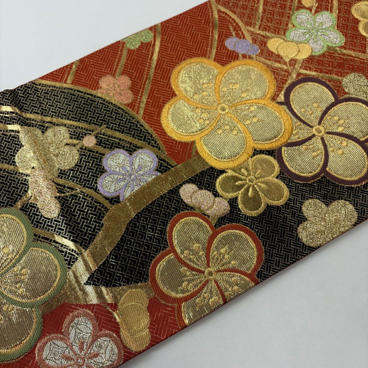 【美品】 袋帶 優品級 振袖禮服禮服用 梅花 菱 金絲 金金箔 朱紅 六通 純蠶絲