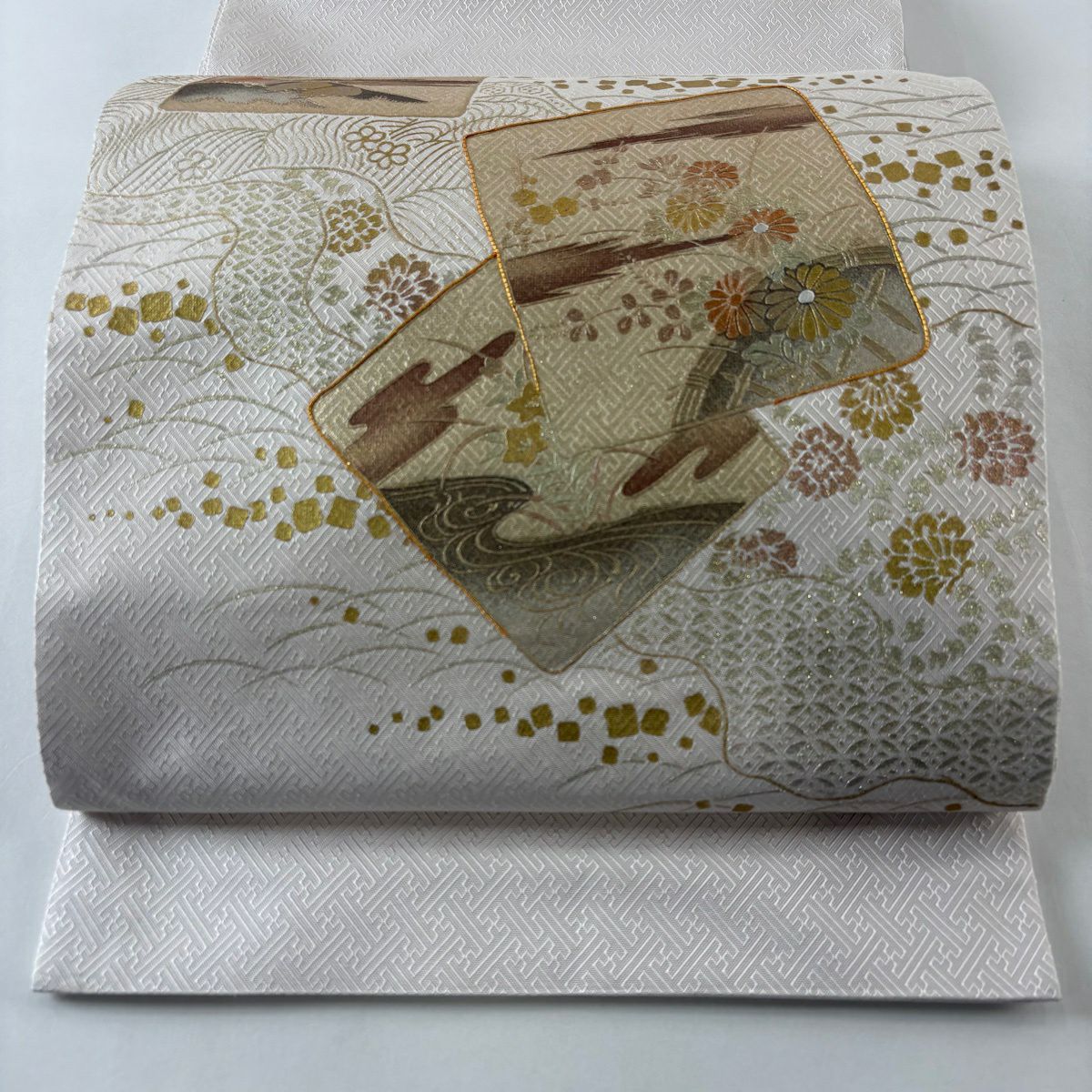 【美品】 袋帶 秀品級 色紙 草花紋紋 金絲 金銀彩 淺粉紅 お太鼓圖案 純蠶絲