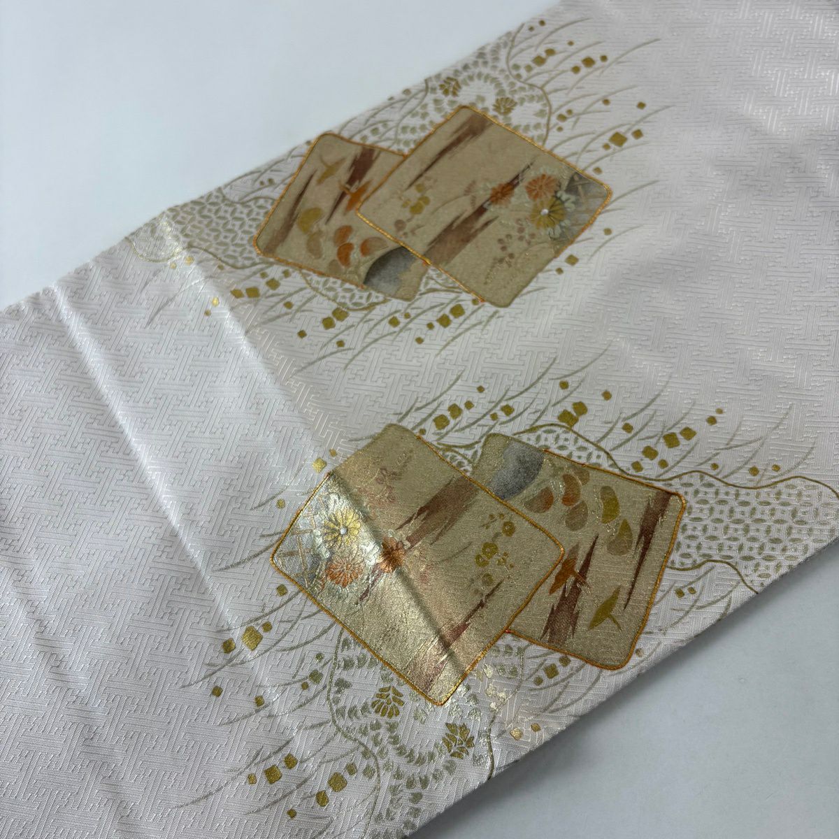 【美品】 袋帶 秀品級 色紙 草花紋紋 金絲 金銀彩 淺粉紅 お太鼓圖案 純蠶絲