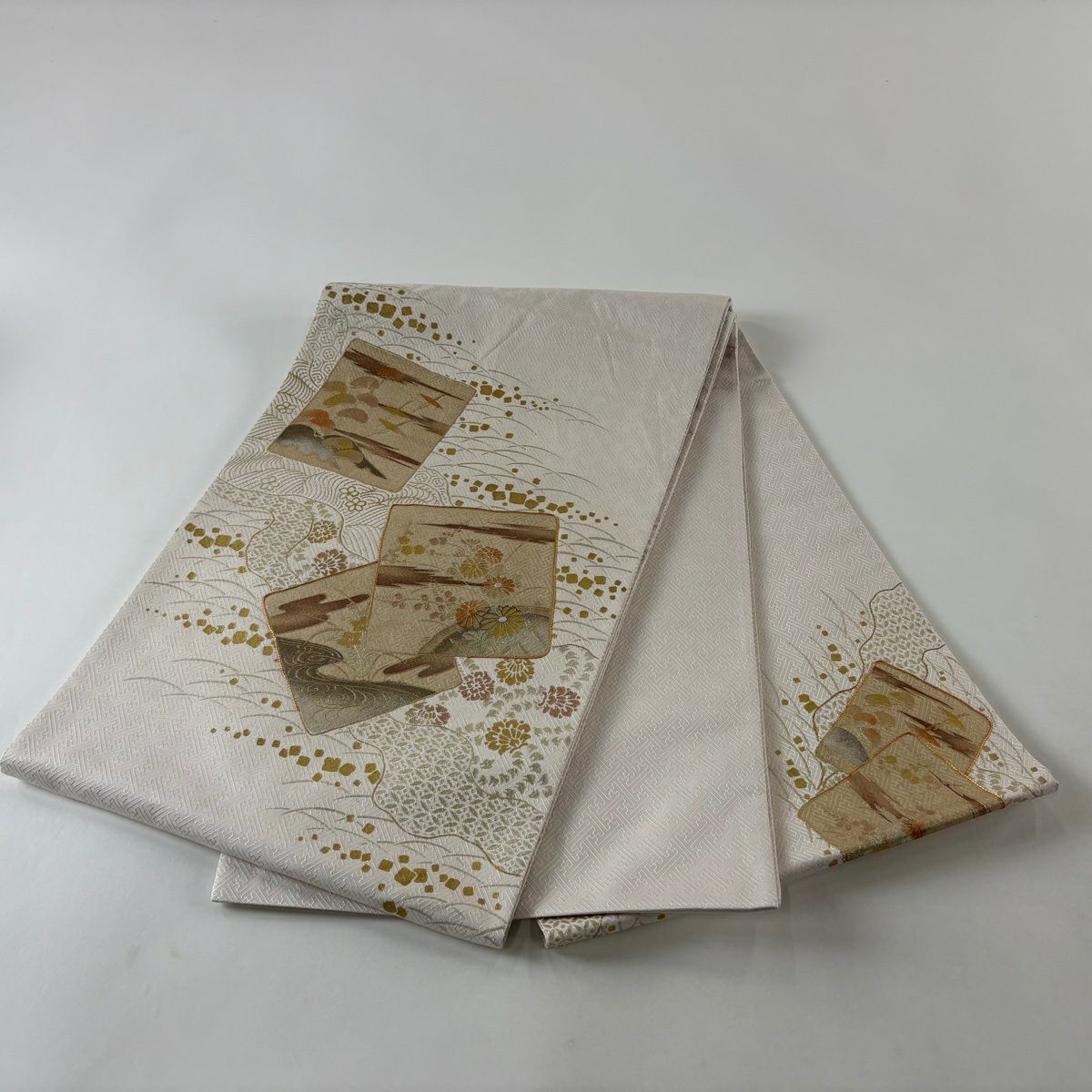 【美品】 袋帶 秀品級 色紙 草花紋紋 金絲 金銀彩 淺粉紅 お太鼓圖案 純蠶絲