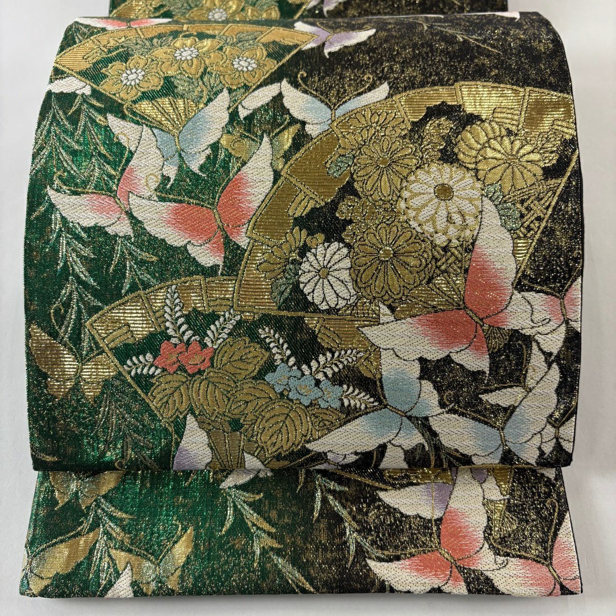 【美品】 袋帶 秀品級 蝶 扇子 金金箔 唐織 綠 六通 純蠶絲