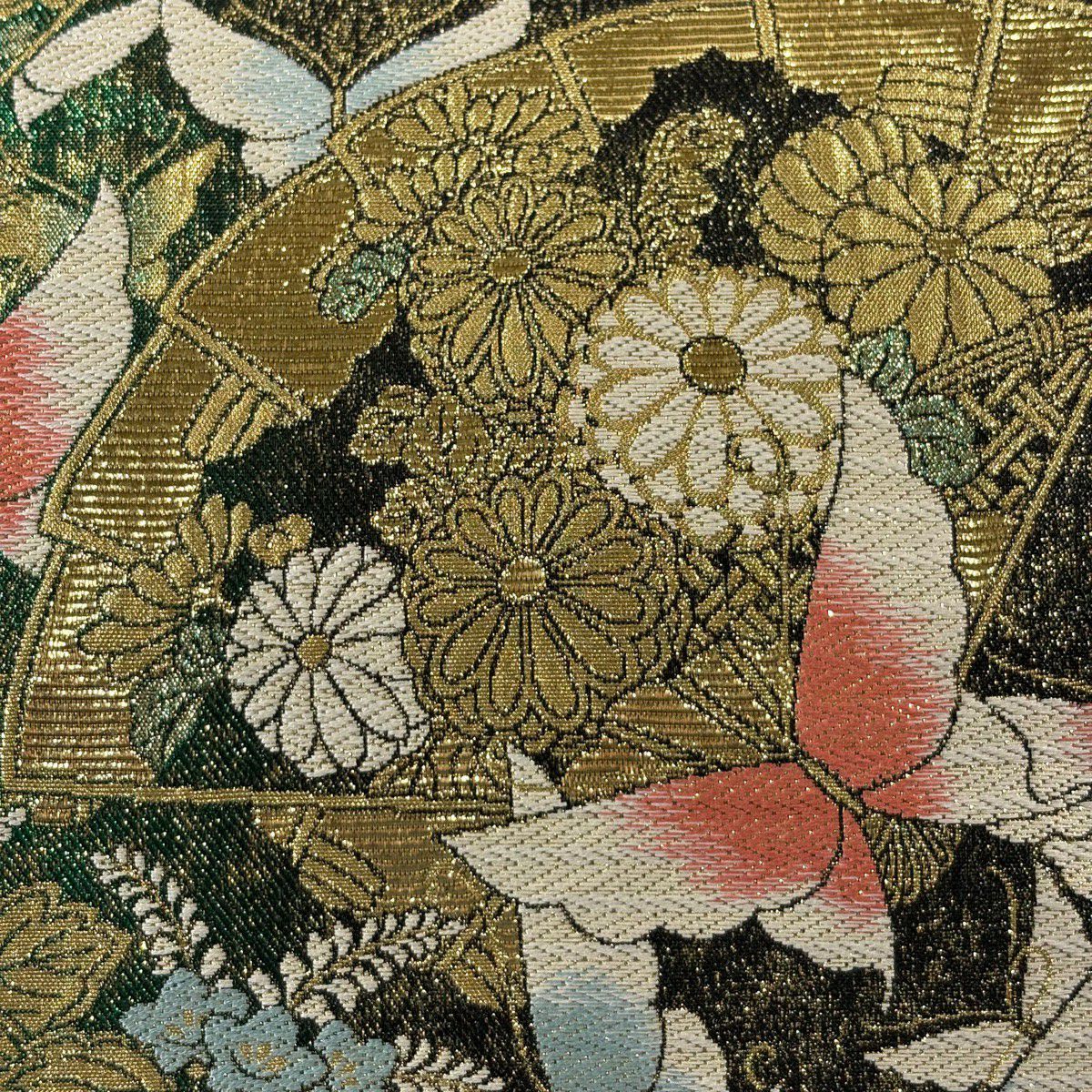 【美品】 袋帶 秀品級 蝶 扇子 金金箔 唐織 綠 六通 純蠶絲