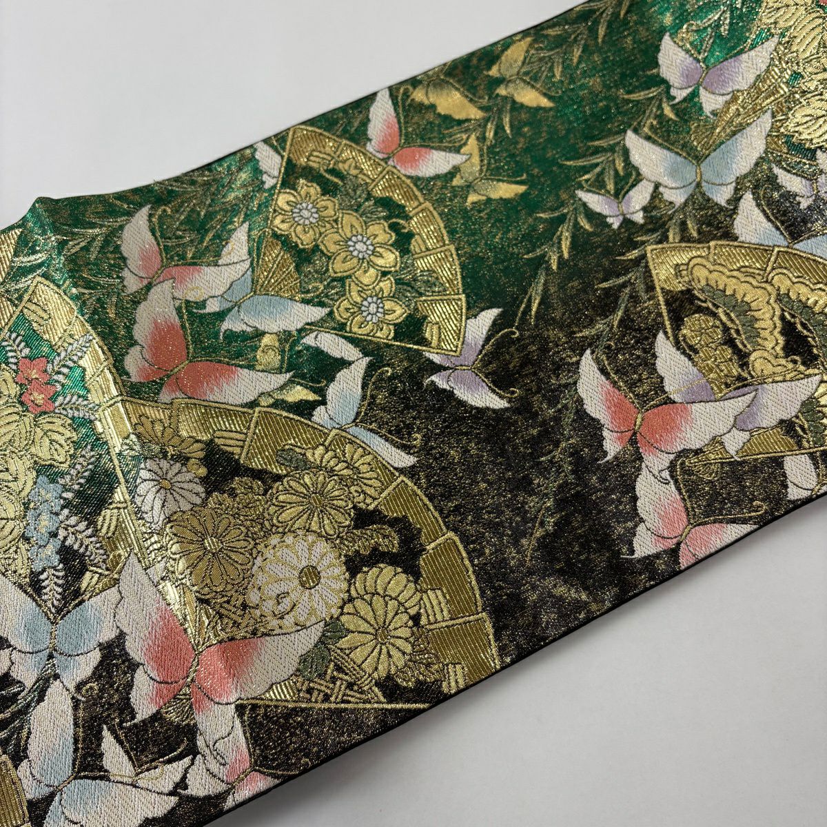 【美品】 袋帶 秀品級 蝶 扇子 金金箔 唐織 綠 六通 純蠶絲