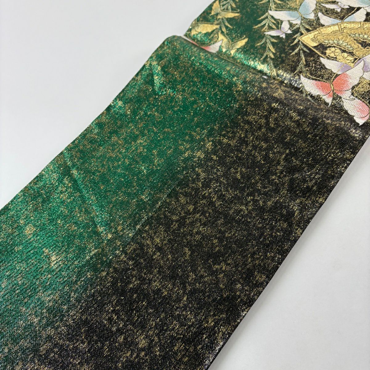 【美品】 袋帶 秀品級 蝶 扇子 金金箔 唐織 綠 六通 純蠶絲