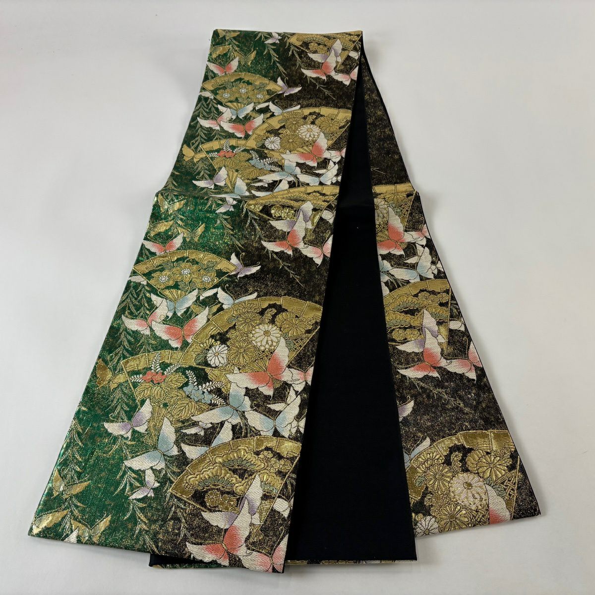 【美品】 袋帶 秀品級 蝶 扇子 金金箔 唐織 綠 六通 純蠶絲