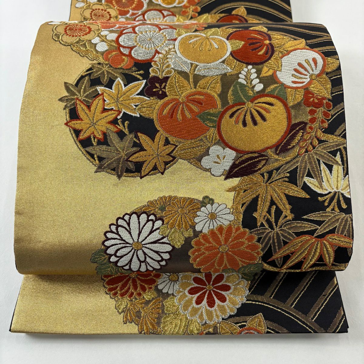 【美品】 袋帶 秀品級 花丸紋 波 唐織 金金箔 金色 六通 純蠶絲