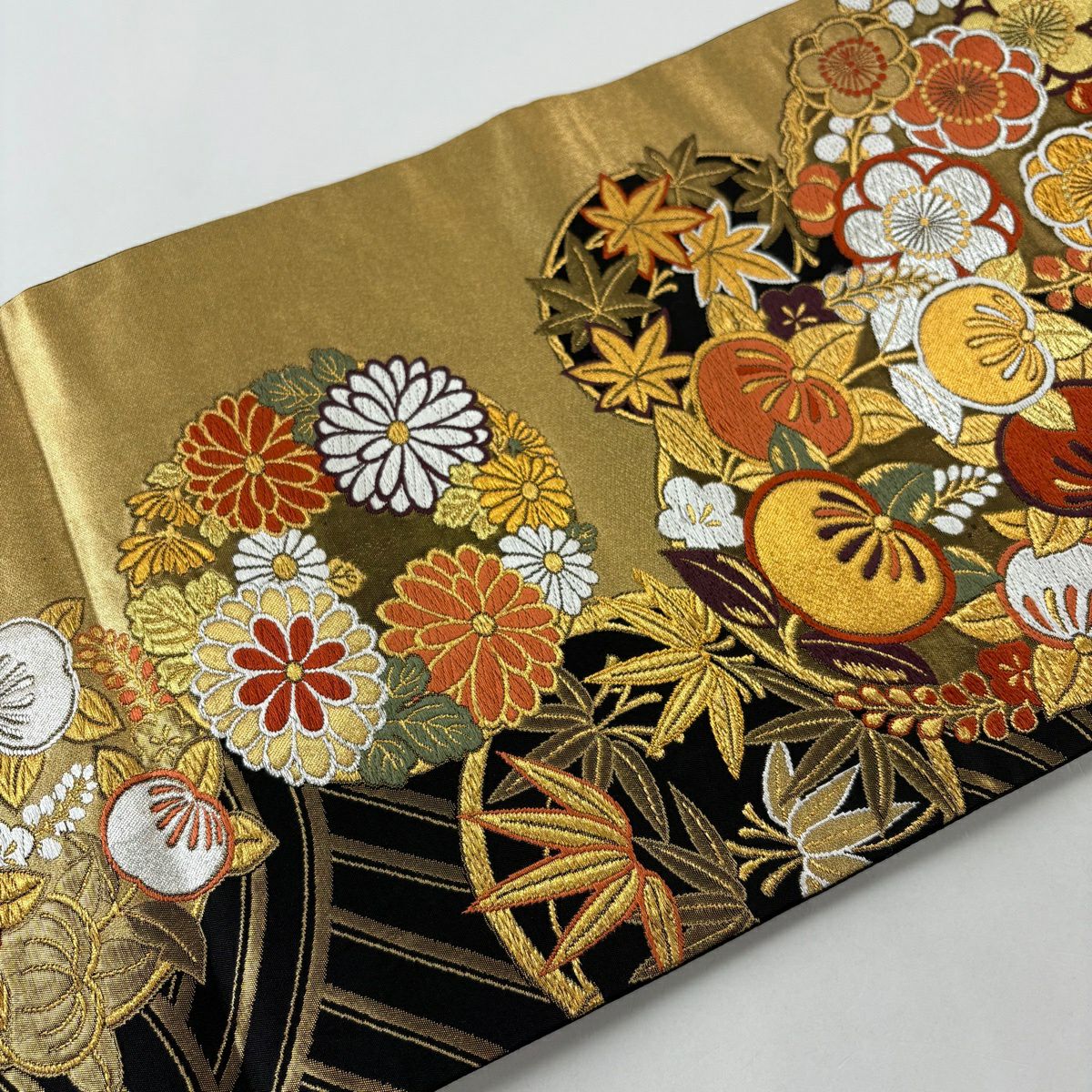 【美品】 袋帶 秀品級 花丸紋 波 唐織 金金箔 金色 六通 純蠶絲