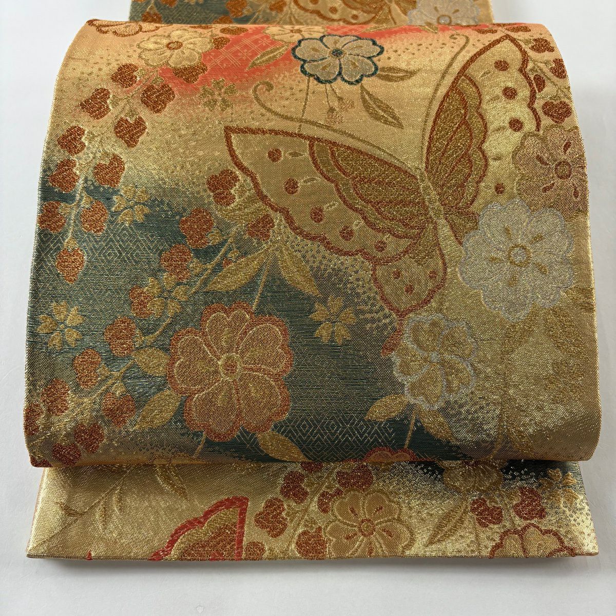 【美品】 袋帶 秀品級 蝶 櫻花 金金箔 金絲 金 六通 純蠶絲