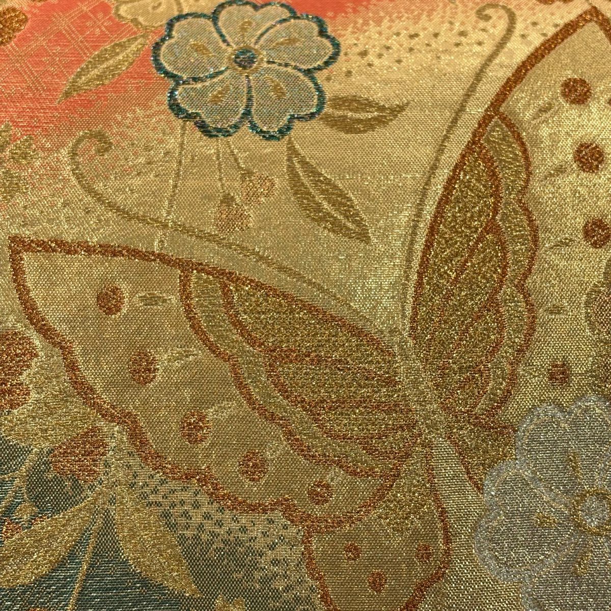 【美品】 袋帶 秀品級 蝶 櫻花 金金箔 金絲 金 六通 純蠶絲