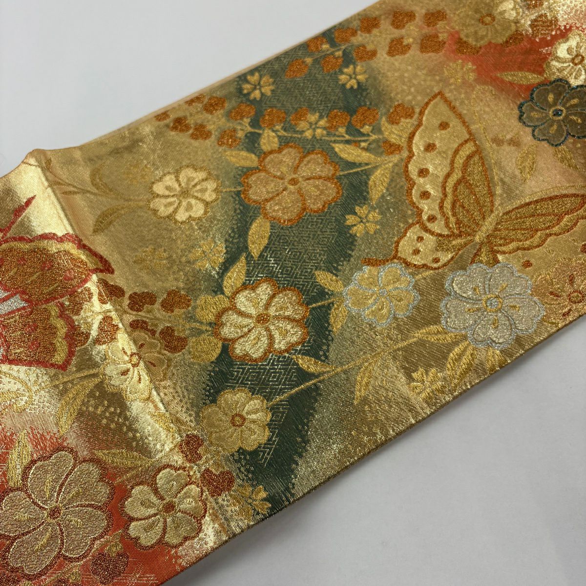 【美品】 袋帶 秀品級 蝶 櫻花 金金箔 金絲 金 六通 純蠶絲