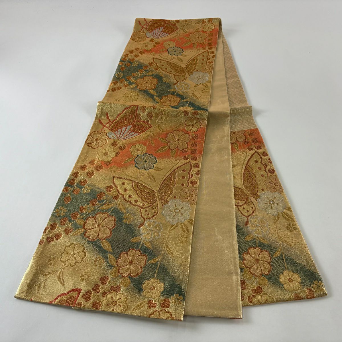 【美品】 袋帶 秀品級 蝶 櫻花 金金箔 金絲 金 六通 純蠶絲