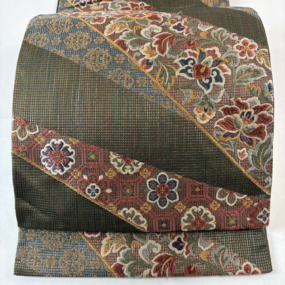袋帶 秀品級 天平唐草紋紋 金絲 唐織 茶綠 六通 純蠶絲