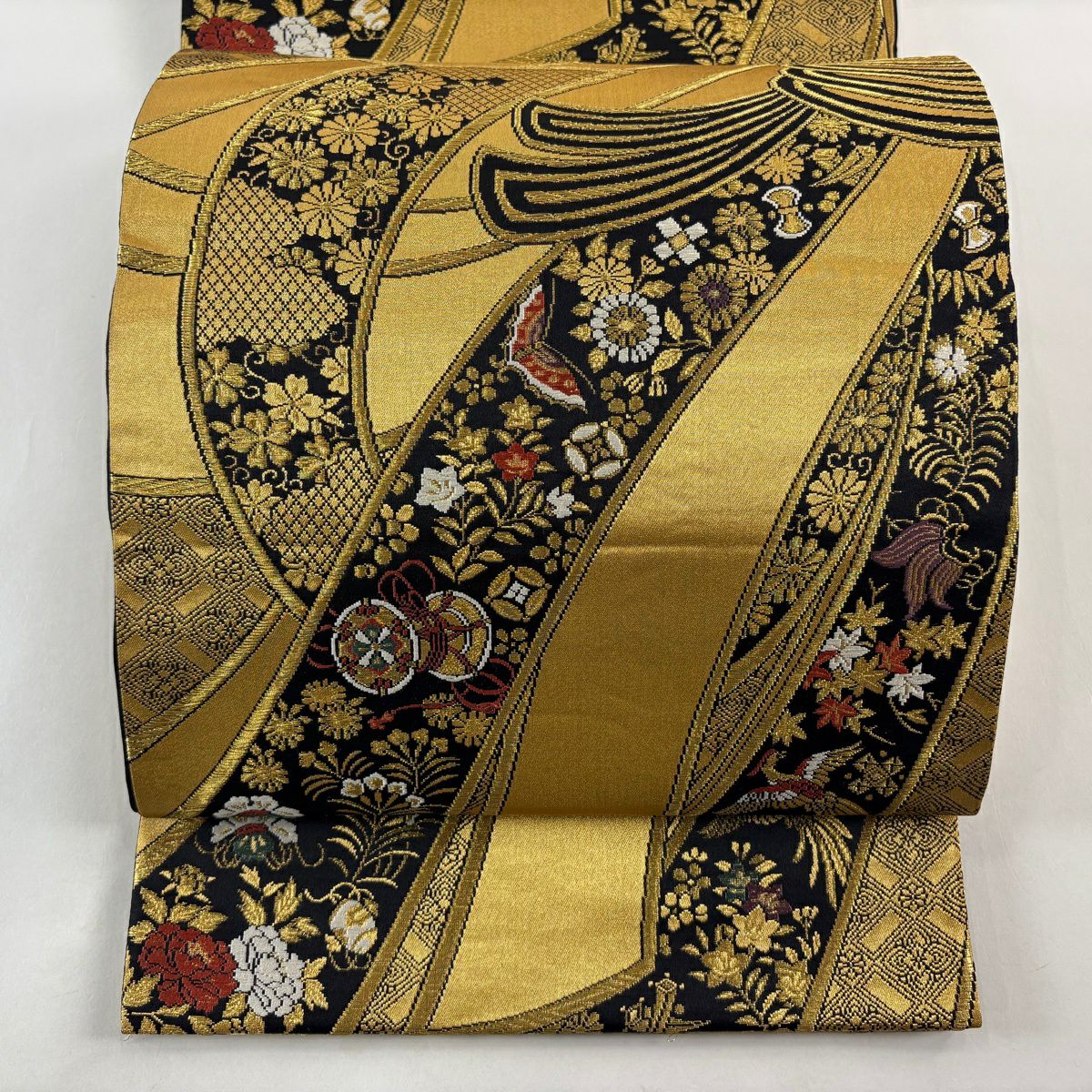 【美品】 袋帶 秀品級 鈴乃屋 束捲熨斗紋 寶物滿載 金絲 金色 六通 純蠶絲