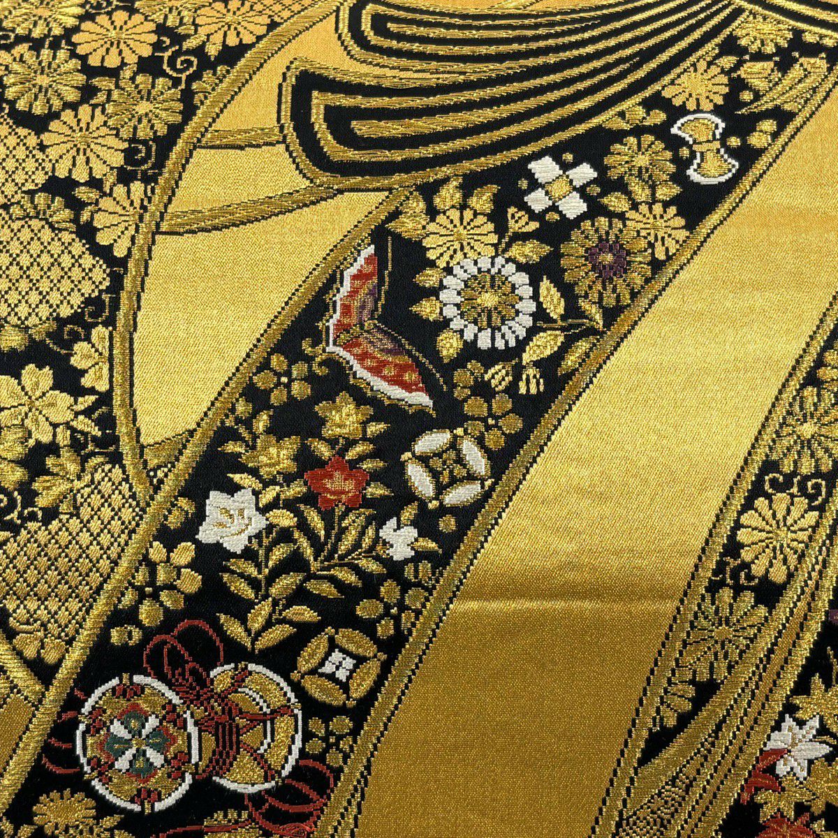 【美品】 袋帶 秀品級 鈴乃屋 束捲熨斗紋 寶物滿載 金絲 金色 六通 純蠶絲
