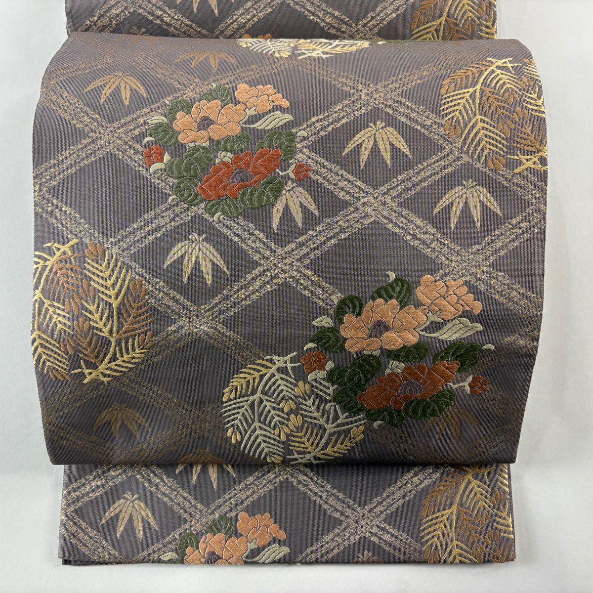 袋帶 秀品級 椿 若松樹 金金箔 刺繡 灰紫 六通 純蠶絲