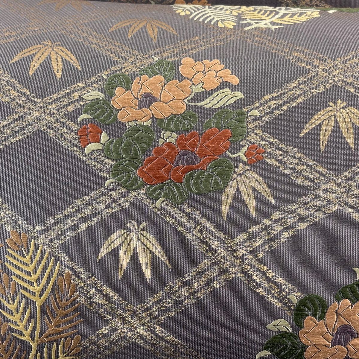 袋帶 秀品級 椿 若松樹 金金箔 刺繡 灰紫 六通 純蠶絲