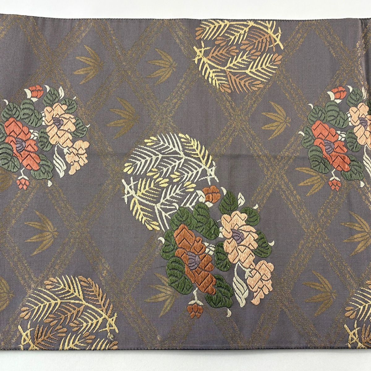 袋帶 秀品級 椿 若松樹 金金箔 刺繡 灰紫 六通 純蠶絲