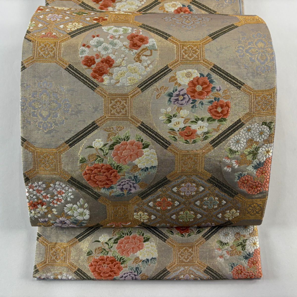 【美品】 袋帶 秀品級 蜀江花丸紋 花菱 金金箔 金絲 金 六通 純蠶絲