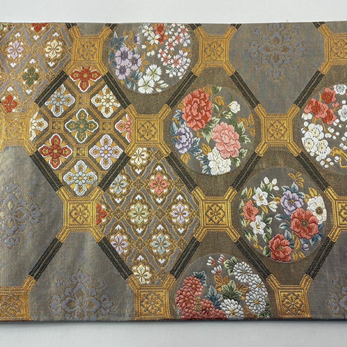 【美品】 袋帶 秀品級 蜀江花丸紋 花菱 金金箔 金絲 金 六通 純蠶絲