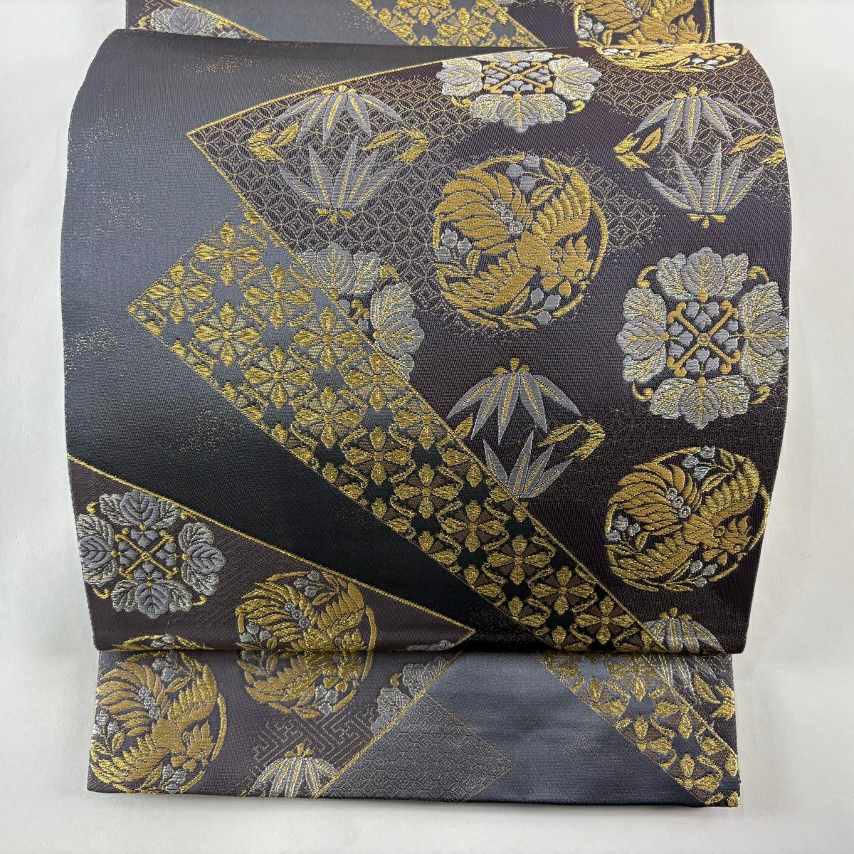 【美品】 袋帶 秀品級 桐竹子鳳凰 九百錦縁起文 金金箔 金銀彩 灰紫 六通 純蠶絲