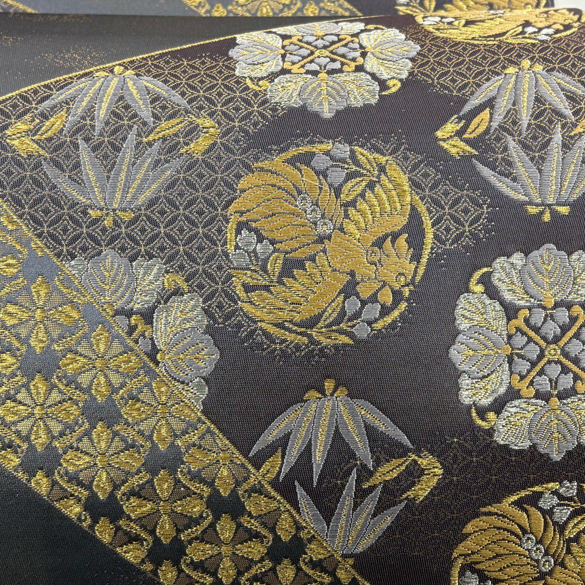 【美品】 袋帶 秀品級 桐竹子鳳凰 九百錦縁起文 金金箔 金銀彩 灰紫 六通 純蠶絲