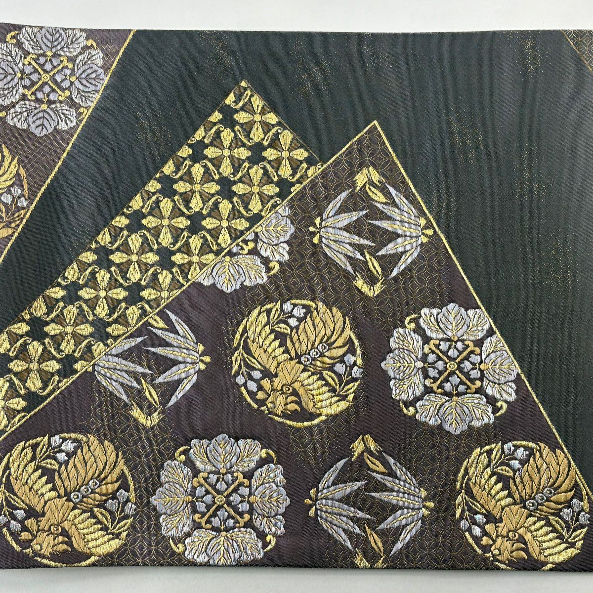 【美品】 袋帶 秀品級 桐竹子鳳凰 九百錦縁起文 金金箔 金銀彩 灰紫 六通 純蠶絲