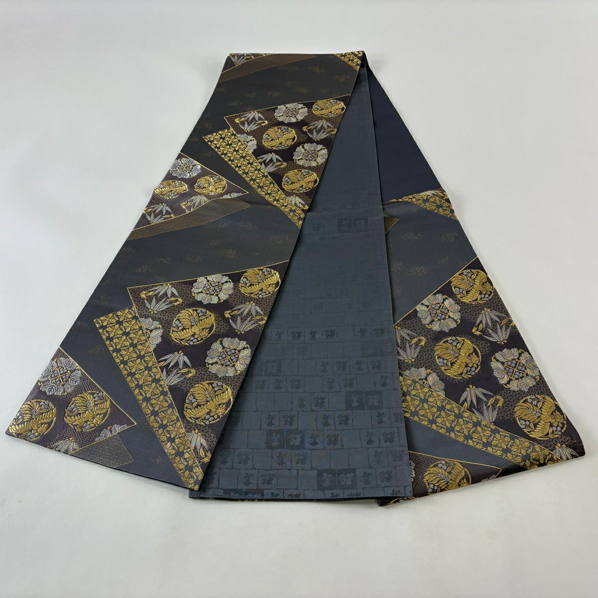 【美品】 袋帶 秀品級 桐竹子鳳凰 九百錦縁起文 金金箔 金銀彩 灰紫 六通 純蠶絲