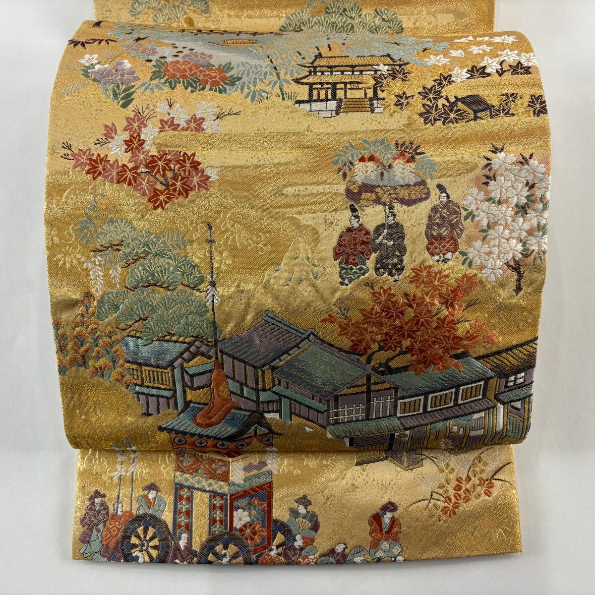 【美品】 袋帶 秀品級 山鉾 人物 金絲 金金箔 金色 全通 純蠶絲