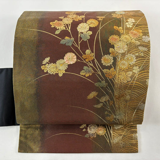 【美品】名古屋帶 秀品級 菊花 波 金金箔 金銀彩 茶 純蠶絲