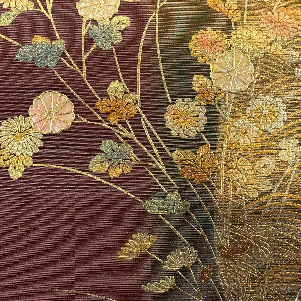 【美品】名古屋帶 秀品級 菊花 波 金金箔 金銀彩 茶 純蠶絲