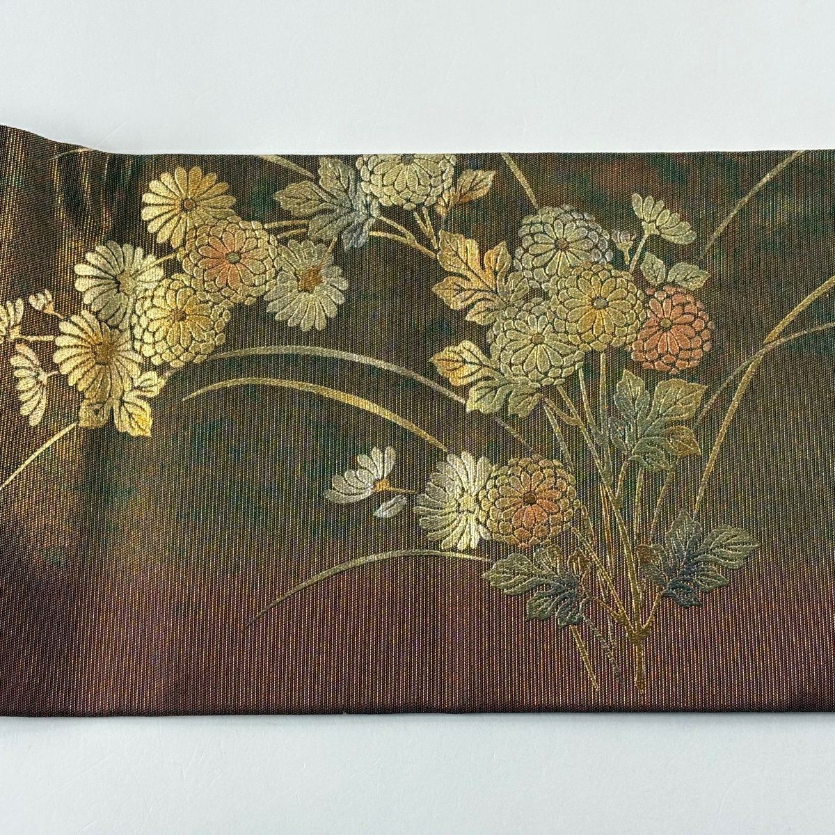【美品】名古屋帶 秀品級 菊花 波 金金箔 金銀彩 茶 純蠶絲