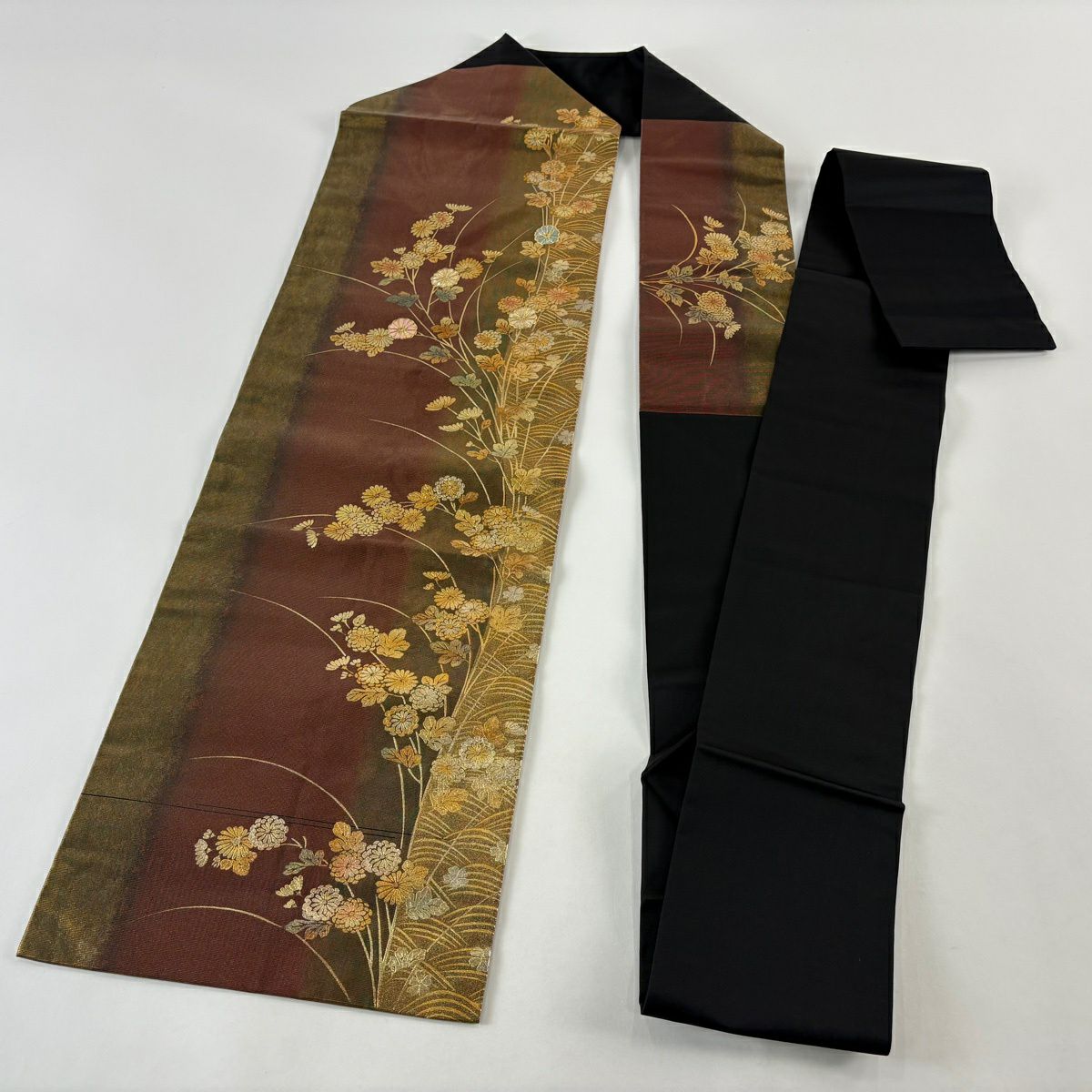 【美品】名古屋帶 秀品級 菊花 波 金金箔 金銀彩 茶 純蠶絲