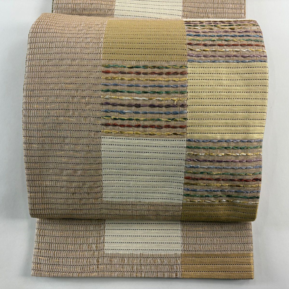 【美品】 袋帶 秀品級 橫段 金絲 淺茶 純蠶絲