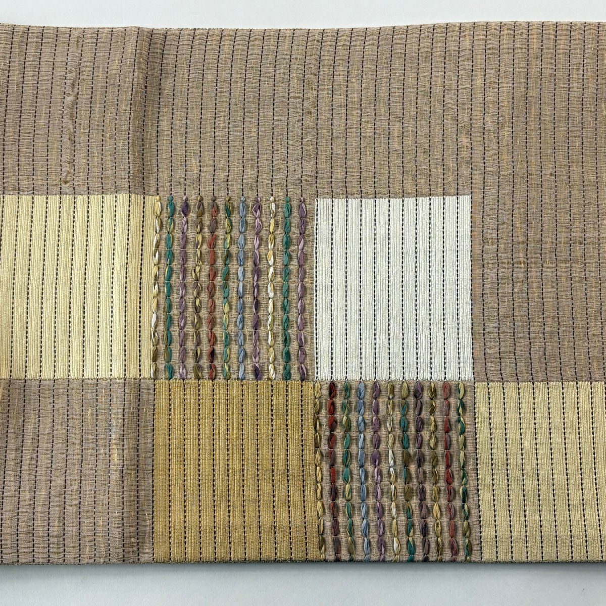 【美品】 袋帶 秀品級 橫段 金絲 淺茶 純蠶絲