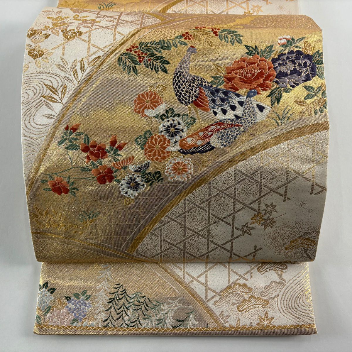 【美品】 袋帶 秀品級 關西仕立 紅鸞 草花紋紋 金絲 金金箔 金色 六通 純蠶絲