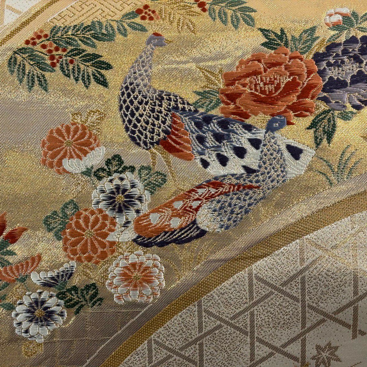 【美品】 袋帶 秀品級 關西仕立 紅鸞 草花紋紋 金絲 金金箔 金色 六通 純蠶絲