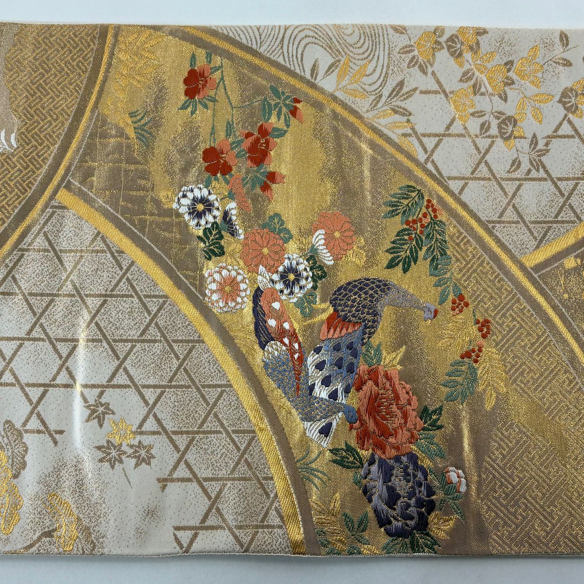 【美品】 袋帶 秀品級 關西仕立 紅鸞 草花紋紋 金絲 金金箔 金色 六通 純蠶絲