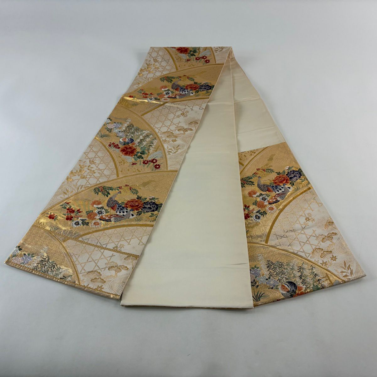 【美品】 袋帶 秀品級 關西仕立 紅鸞 草花紋紋 金絲 金金箔 金色 六通 純蠶絲
