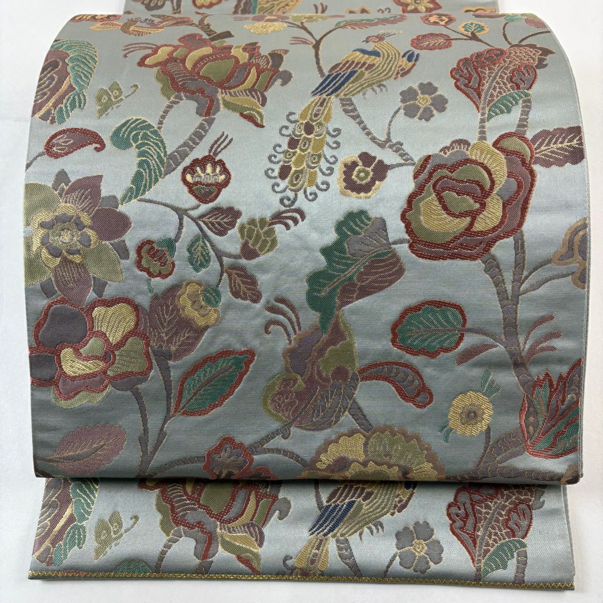 【美品】 袋帶 秀品級 枝花 鳥 金金箔 青灰 六通 純蠶絲