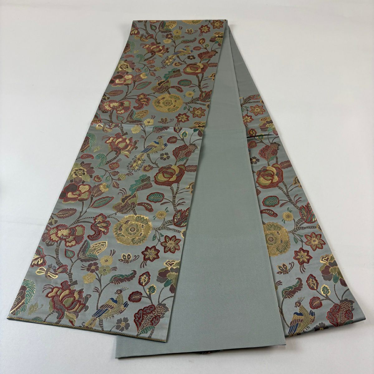 【美品】 袋帶 秀品級 枝花 鳥 金金箔 青灰 六通 純蠶絲