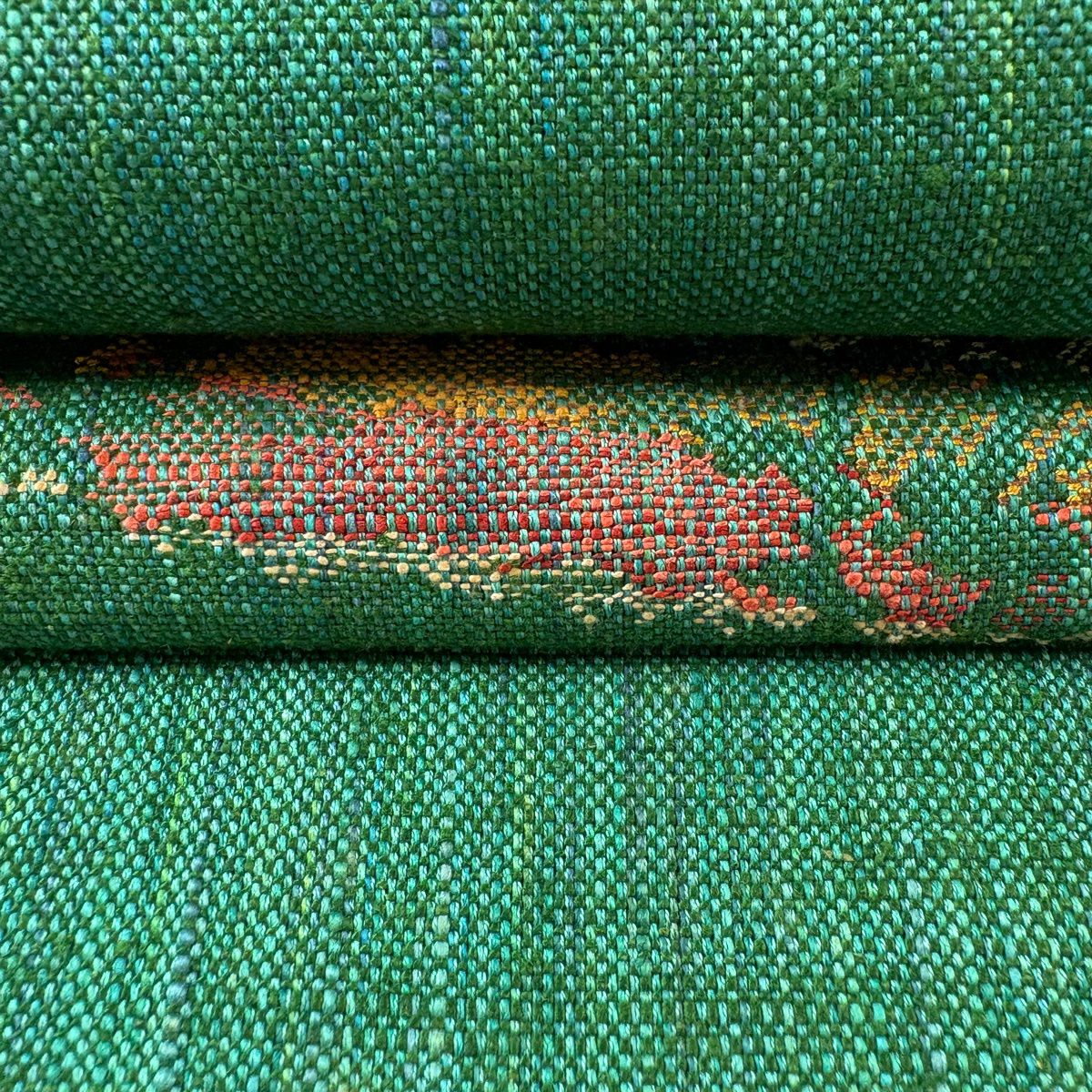 【美品】 名古屋帶 秀品級 八寸名古屋帶 松樹葉仕立 幾何學圖案 綠 純蠶絲