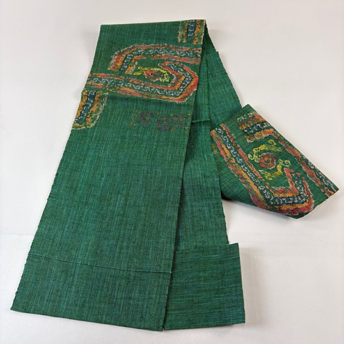 【美品】 名古屋帶 秀品級 八寸名古屋帶 松樹葉仕立 幾何學圖案 綠 純蠶絲