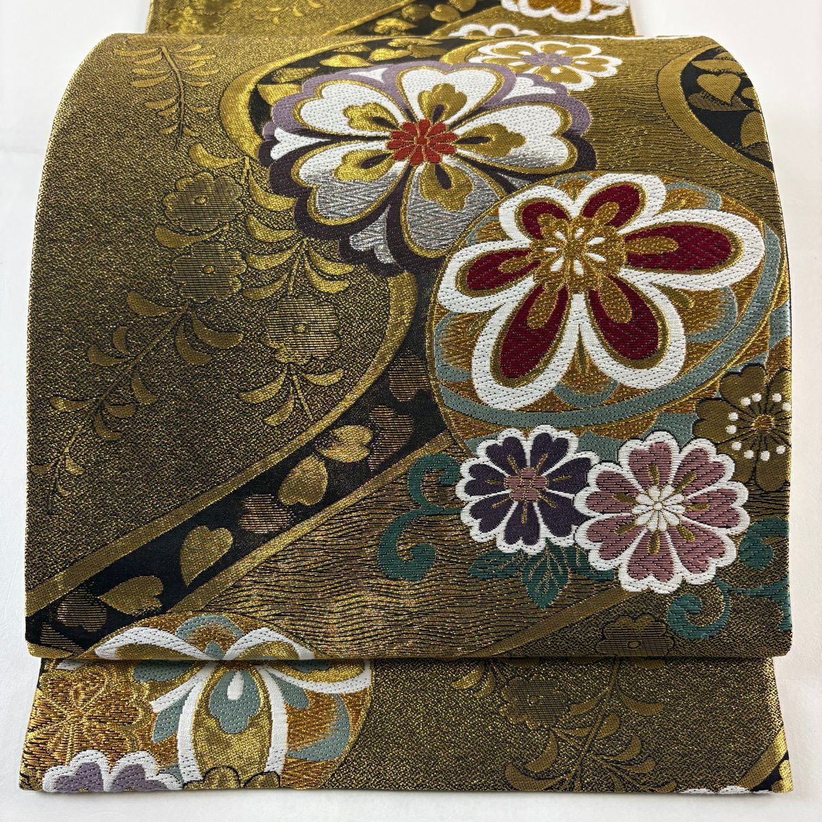 【美品】 袋帶 秀品級 櫻花 流水 金銀線 刺繡 金色 六通 純蠶絲