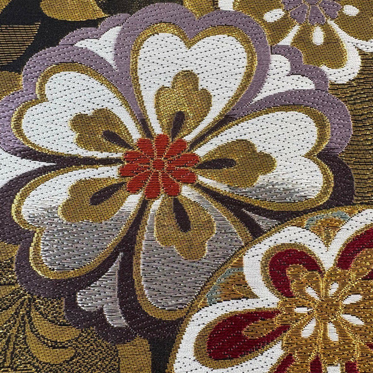 【美品】 袋帶 秀品級 櫻花 流水 金銀線 刺繡 金色 六通 純蠶絲