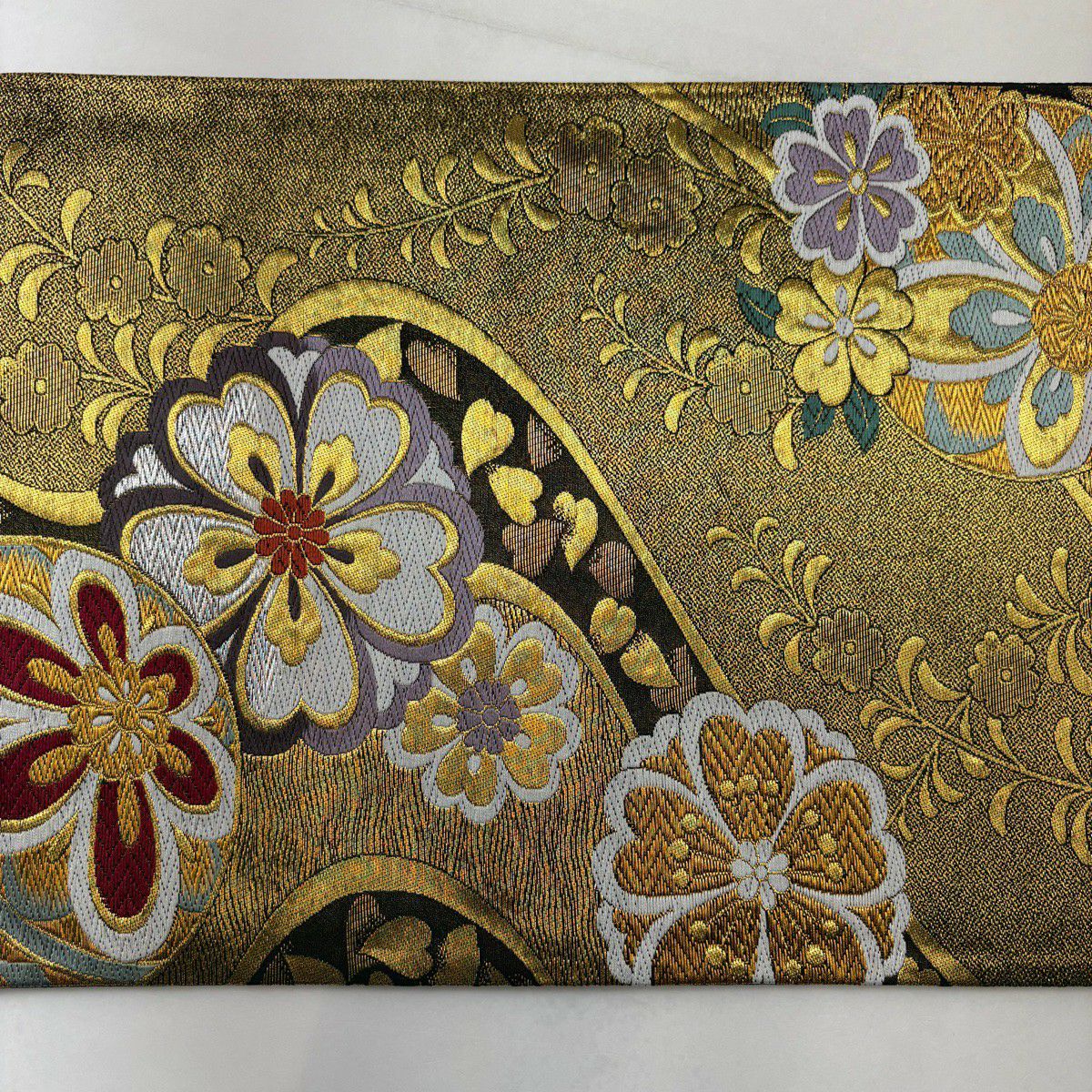 【美品】 袋帶 秀品級 櫻花 流水 金銀線 刺繡 金色 六通 純蠶絲