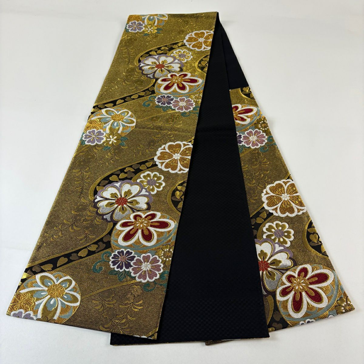 【美品】 袋帶 秀品級 櫻花 流水 金銀線 刺繡 金色 六通 純蠶絲