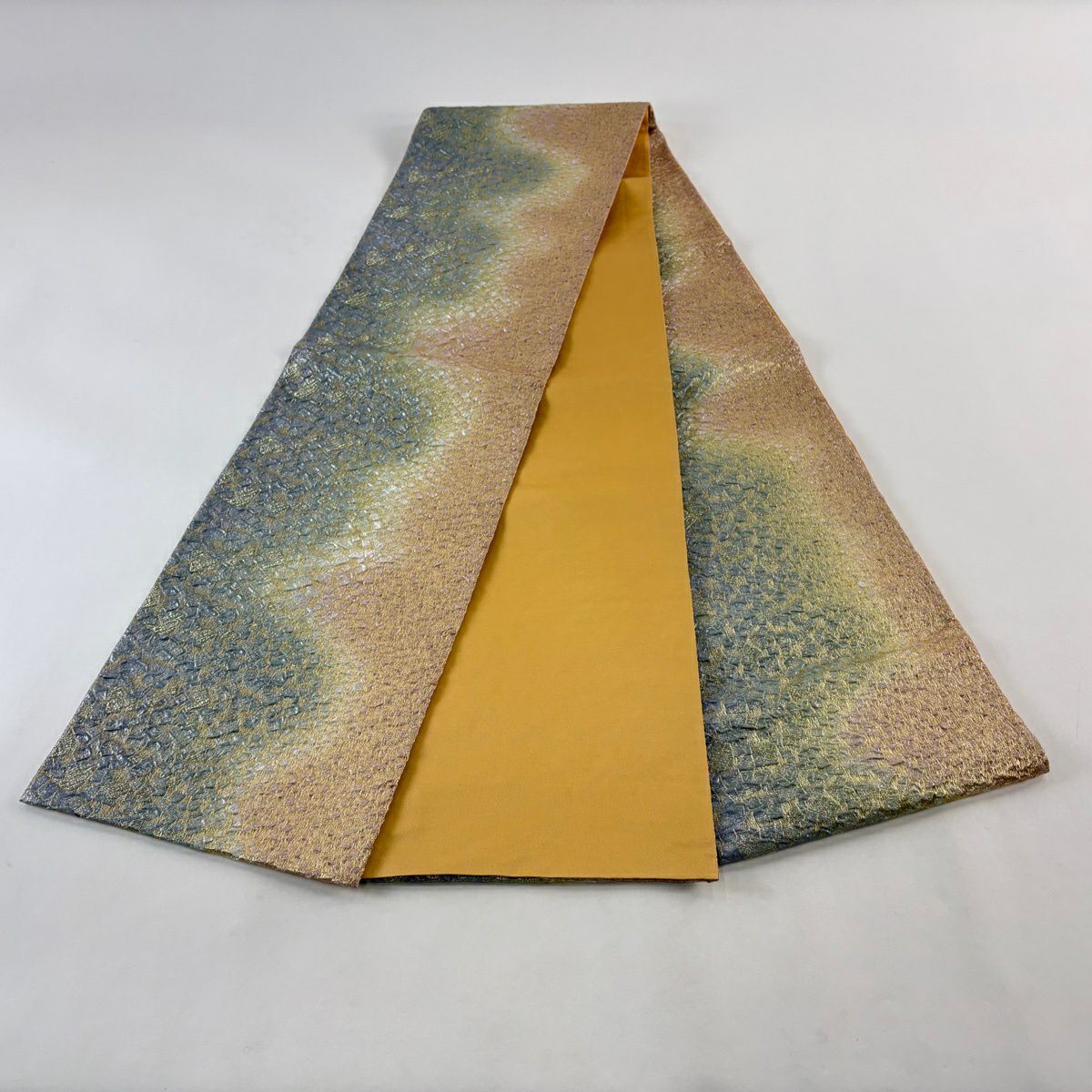 【美品】 袋帶 秀品級 霞 金金箔 青灰 全通 純蠶絲