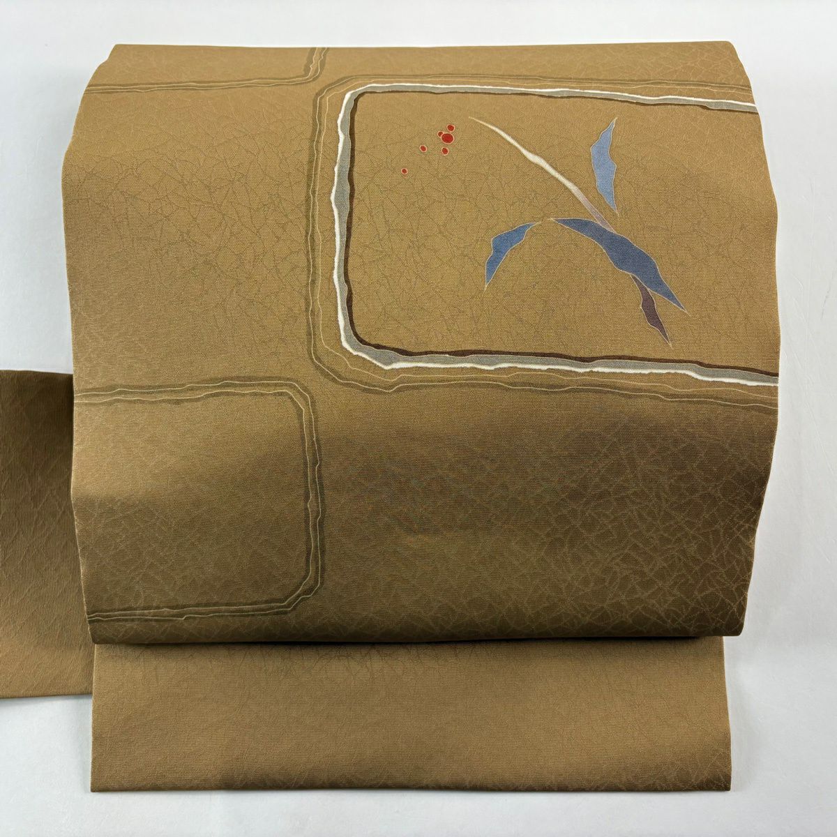 【美品】名古屋帶 秀品級 草花紋幾何圖案 山吹茶 純蠶絲