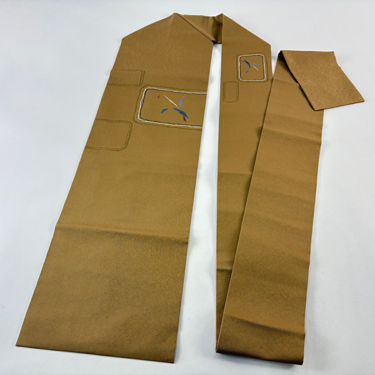 【美品】名古屋帶 秀品級 草花紋幾何圖案 山吹茶 純蠶絲