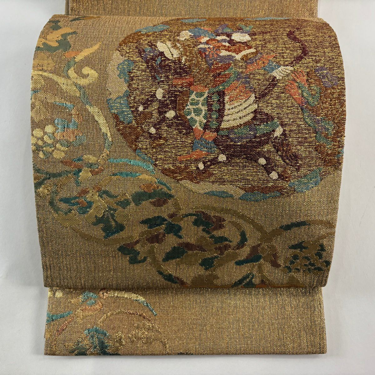 【美品】 袋帶 秀品級 狩獵紋 葡萄唐草紋 金金箔 金絲 金色 大鼓圖案 純蠶絲